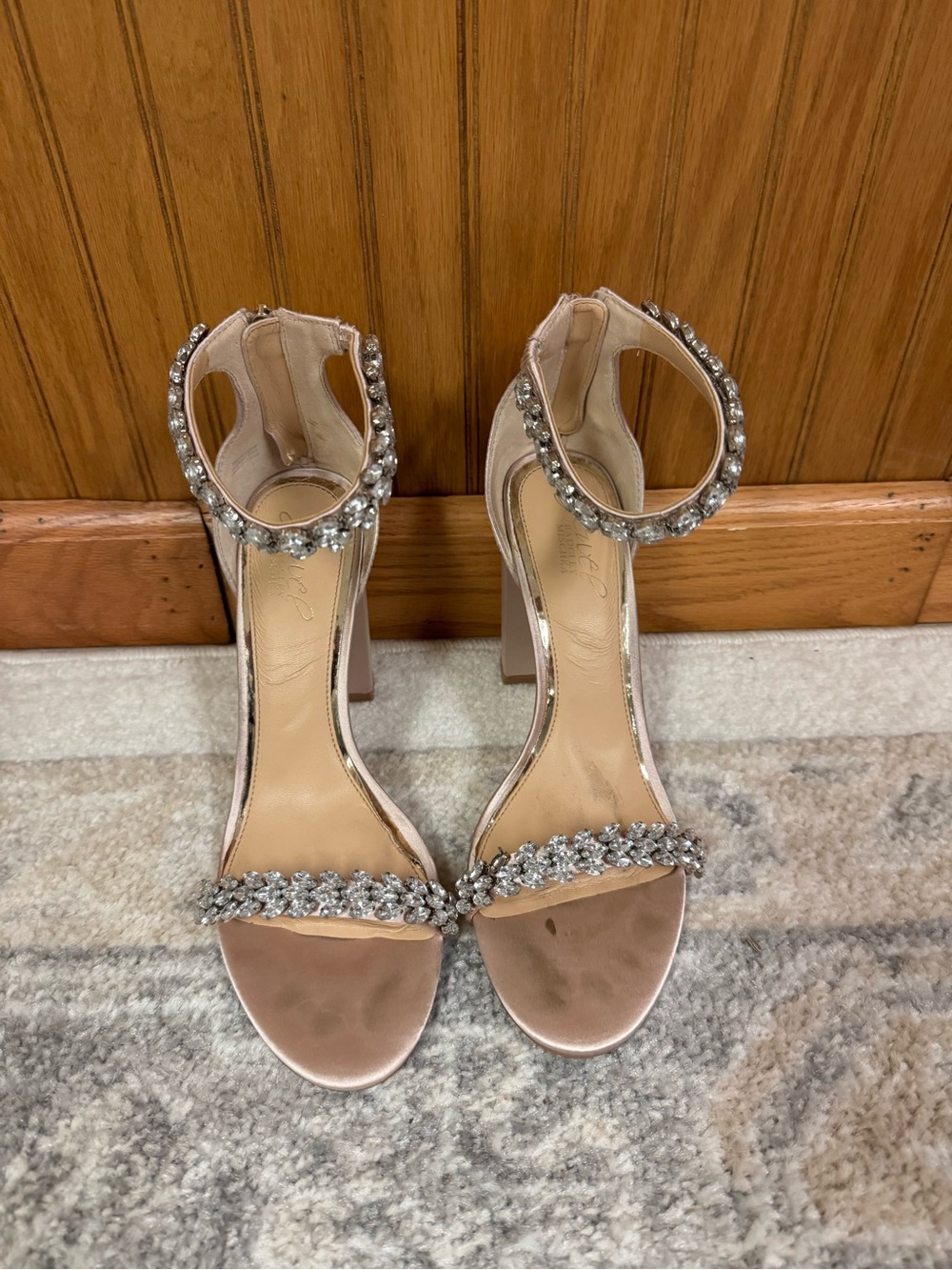 Jewel Badgley Mischka Rose Blush Satin Crystal-Ankle Strap Heels 3in block heel